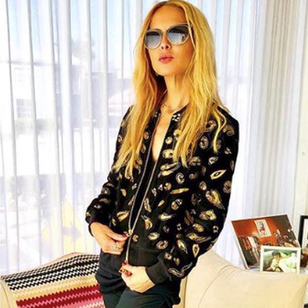 Rachel Zoe Collection Black Suede Bomber Jacket with Gold Sequin Embroidery FLAW